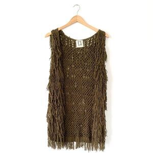 PPLA Olive Green Fringe Knit Vest sz L Festival Boho Lightweight Slouchy Beach